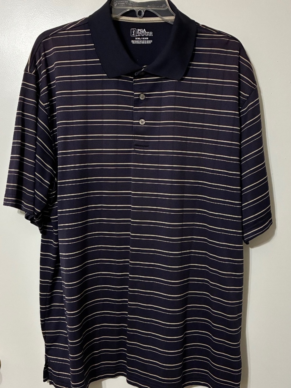 PGA TOUR MENS POLO SHIRT SZ XXL/XXG AUBERGINE W/ALMOND STRIPES BLK COLLAR